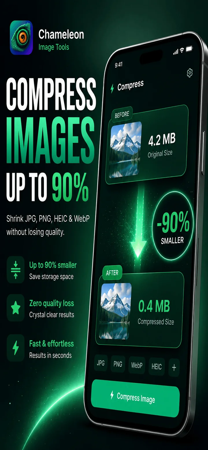 Chameleon App Store page: compress images up to 90%